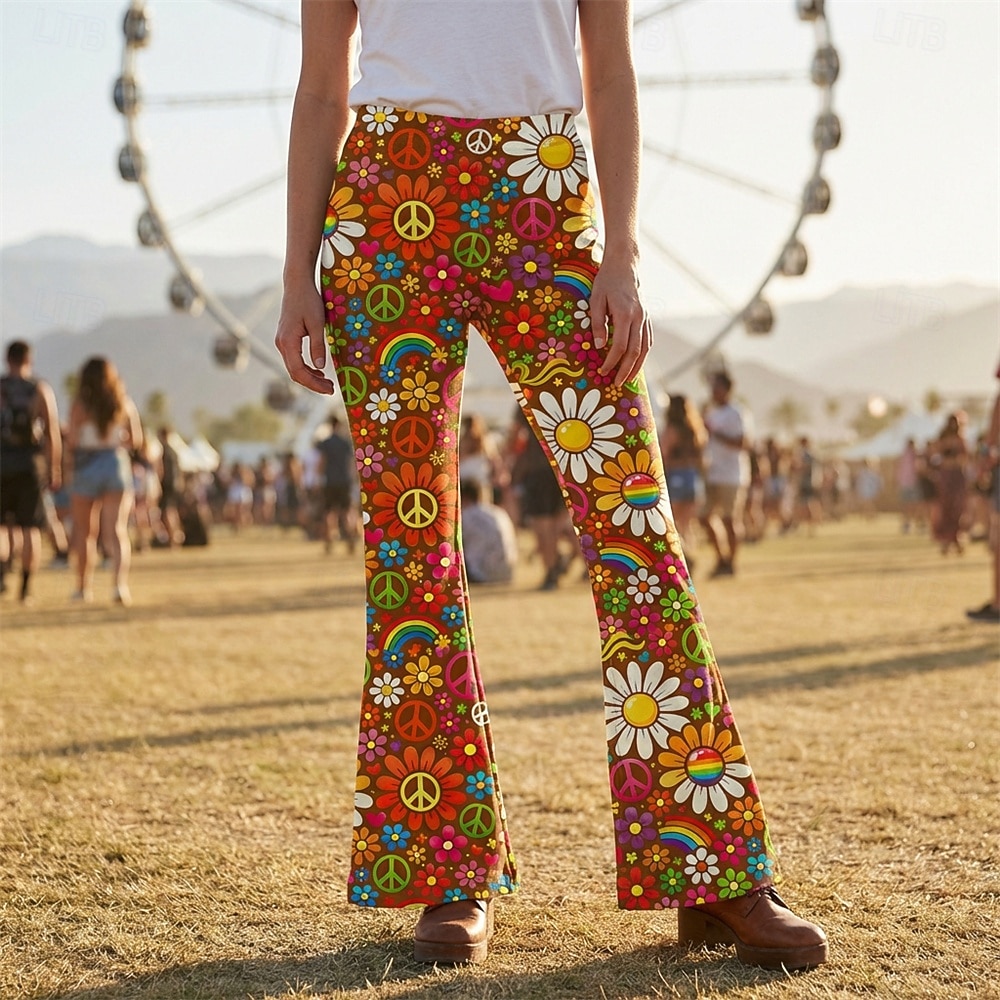 Retro Vintage Boho 1970s Pants Bell Bottom Pants Hippie Disco High Waist Floral Peace Symbols Fancy Dress Women's Halloween Carnival Music Festival Retro Theme Party Adults' Pants 2026 - $35.99 –P4