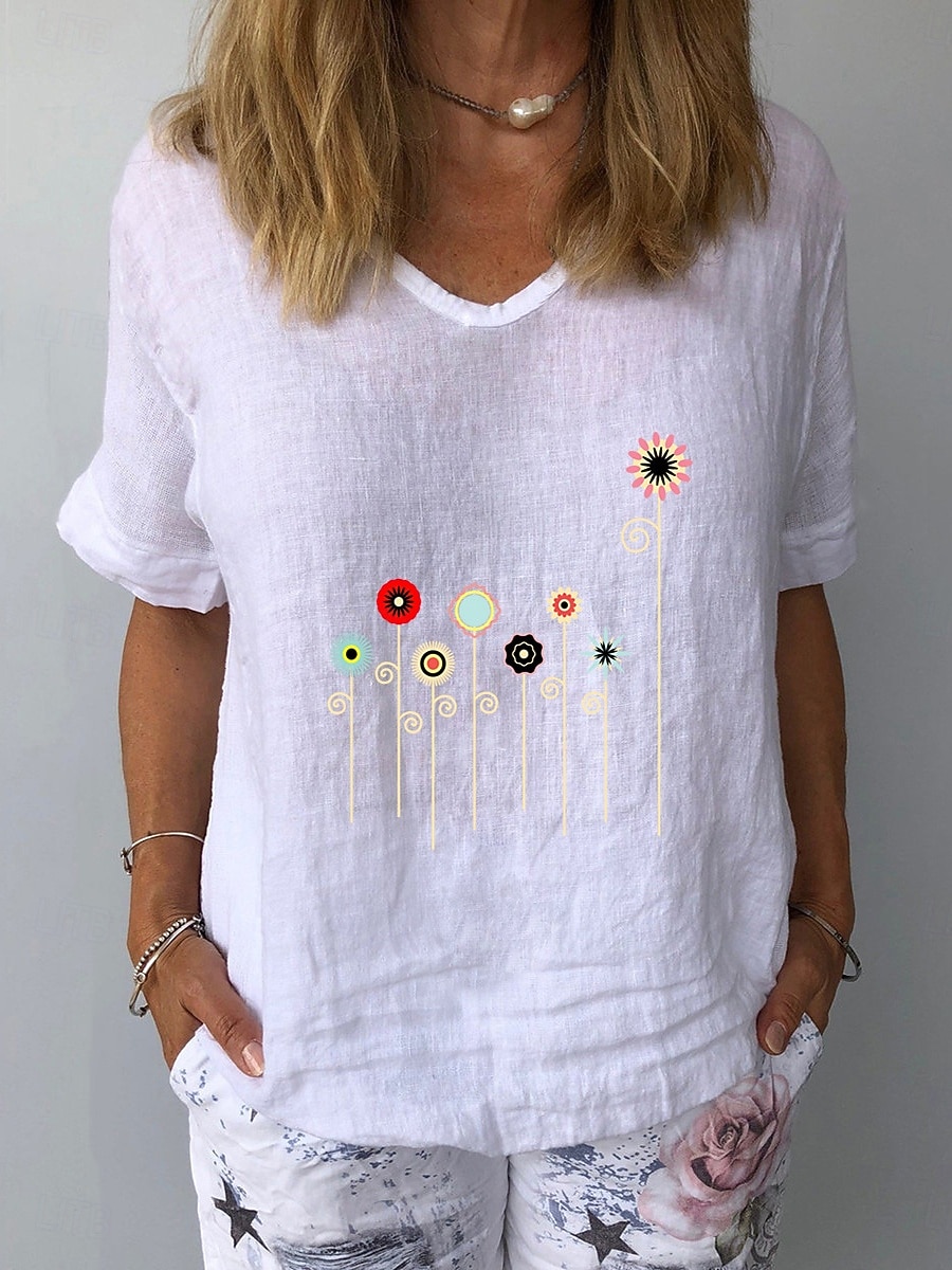 Damen Baumwoll Mischung T Shirt Druck Grafik Pflanzen Mode Stilvoll Klassisch Kurzarm V Ausschnitt Normale Oberteile Täglich Ausgehen Wochenende Weiß Gelb Tintenblau Grau Leicht Blau Sommer Frühling 2026 - $19.99 –P3