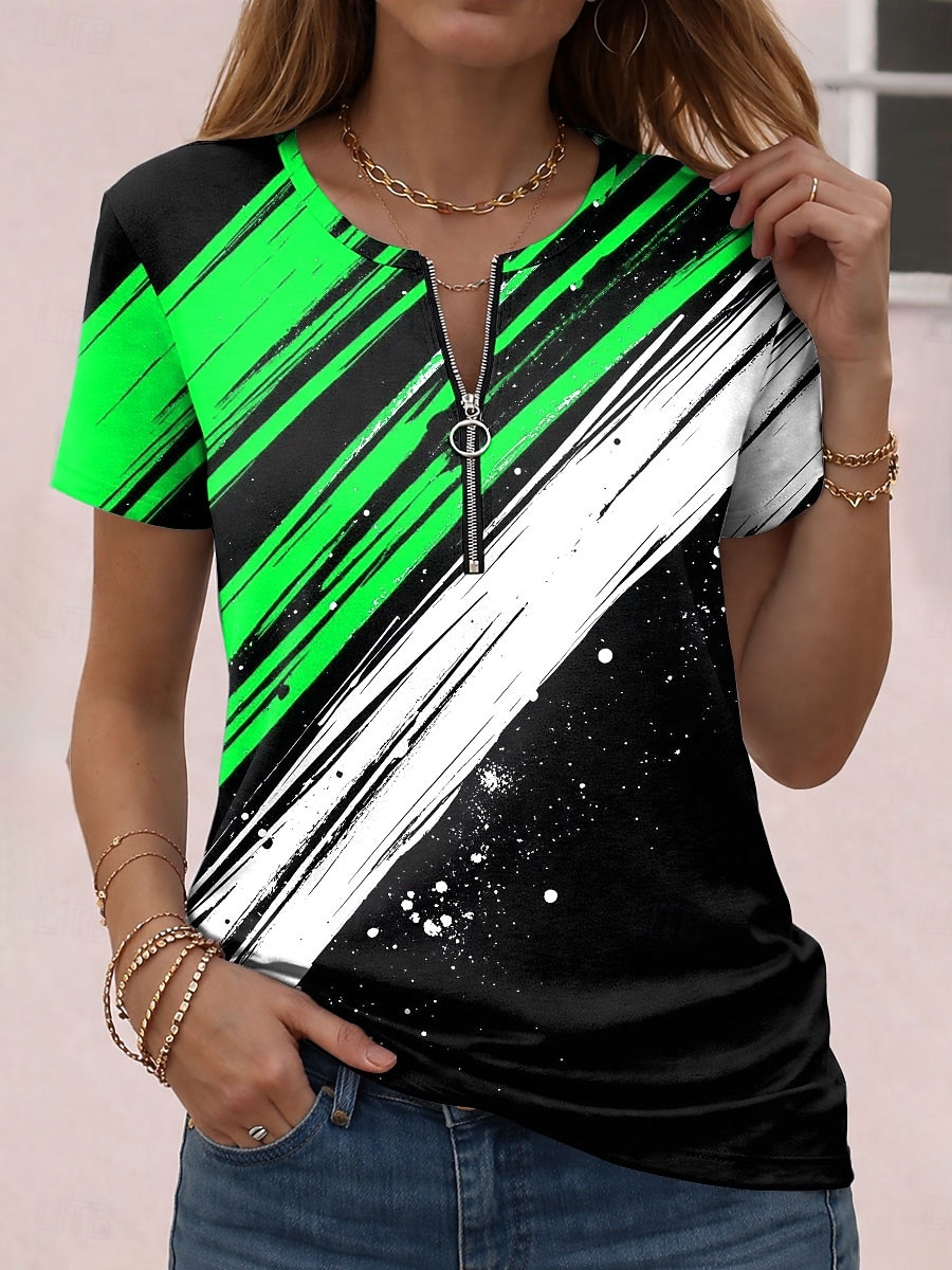 Dam T-shirt Dragkedja Grafisk Geometrisk Abstrakt Vintage Hawaiisk Stylish Kortärmad Rund hals Vanliga toppar Dagligen Sport Helgen Blå Rubinrött Purpur Grön Sommar Vår 2026 - $21.99 –P4