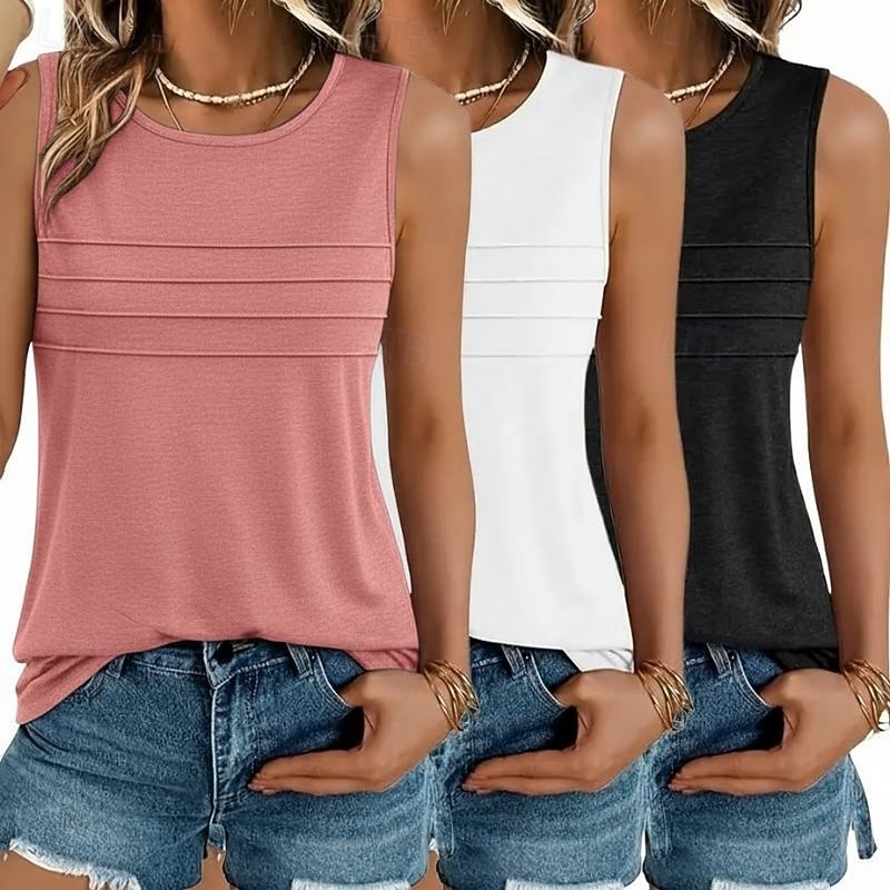 Mehrfachpackungen 3er-Pack Weiblich Rundhals Ärmellos schwarz+weiß+grün Tanktop Weste Ärmelloses Shirt Einfarbig Lässig Täglich Polyester Sommer 2026 - $38.99 –P4