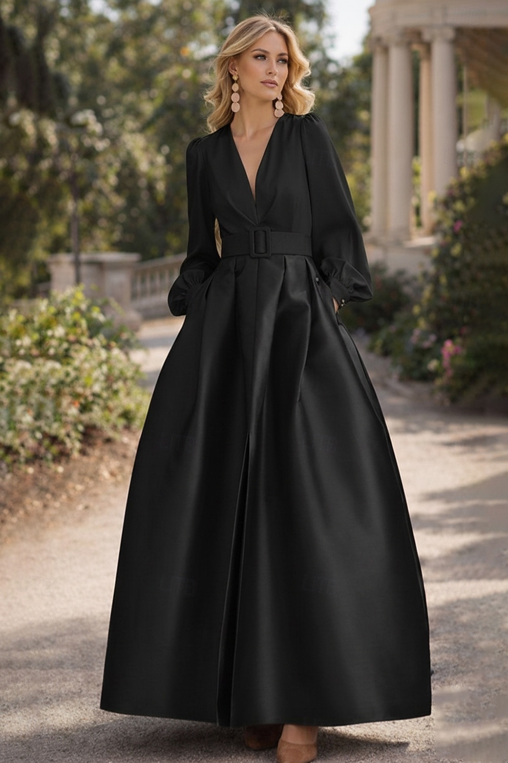 A-Line Floor Length Evening Gown High Split Mother Of The Bride Long Sleeve V Neck Formal Wedding Guest Belt / Sash Satin with Pleats Slit 2026 - $172.99 –P12