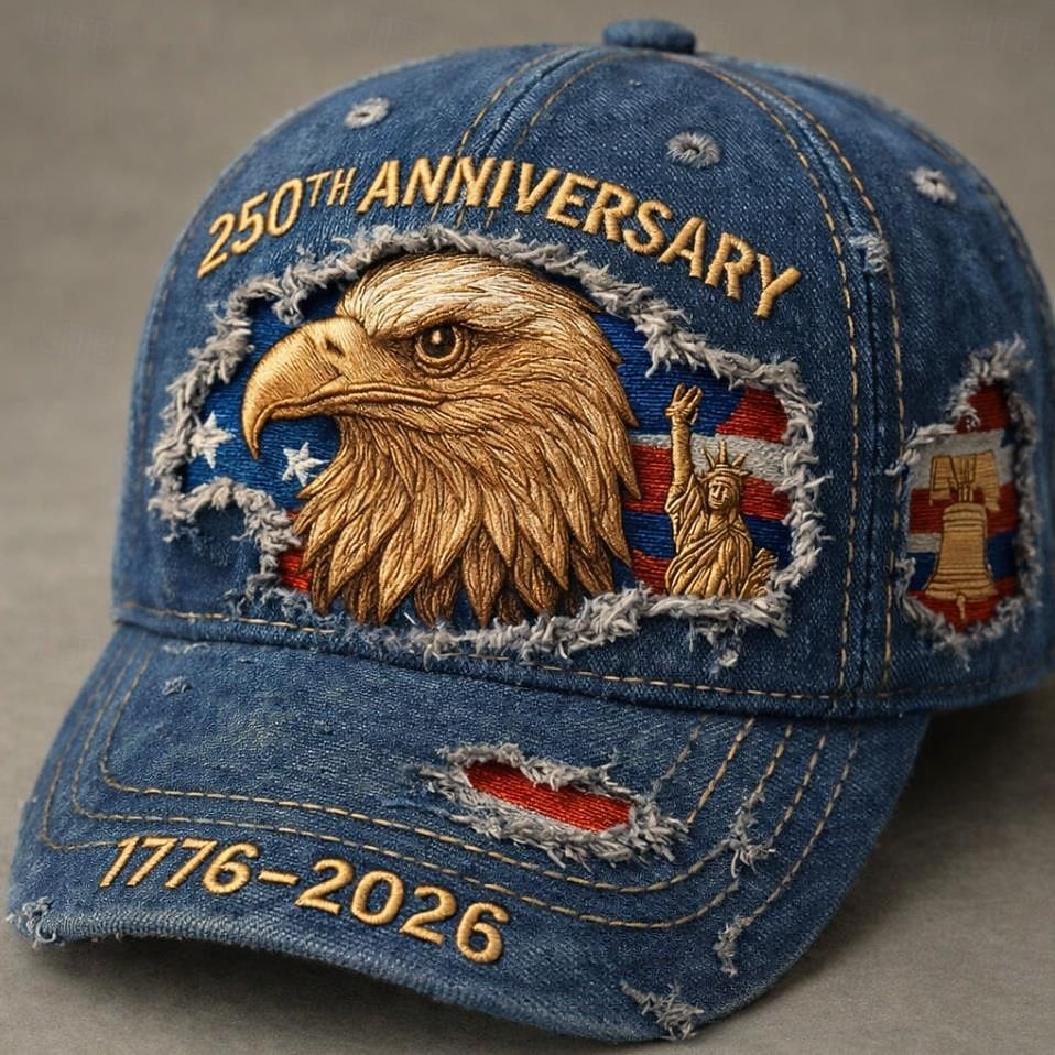 USAs 250-årsjubileumscaps med slitt denim-logo, vintage USA-hatt 1776-2026, patriotisk uavhengighetsdagscaps, vintage amerikansk flagghatt for menn og kvinner 2026 - $21.99 –P1