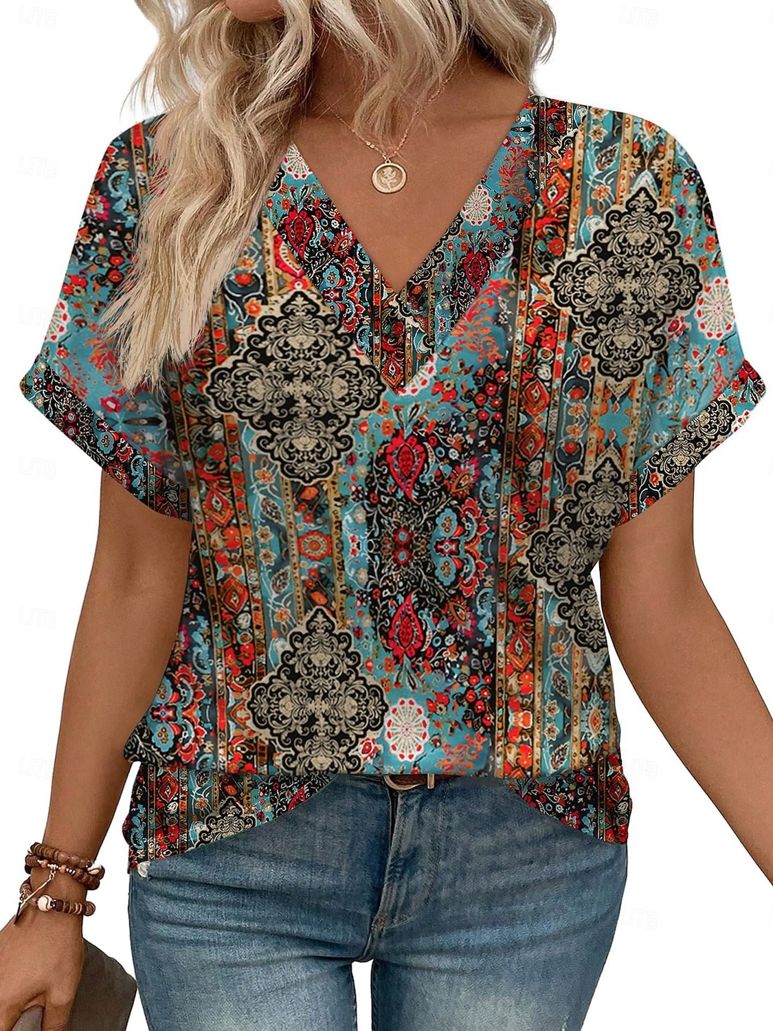 Per donna Maglietta Semplice Moda Elegante Classico Manica Corta Scollo a V Top Regolari Quotidiano Uscire Weekend Blu Nero Bianco Rosso Estate Primavera del 2026 a $21.99 –P4