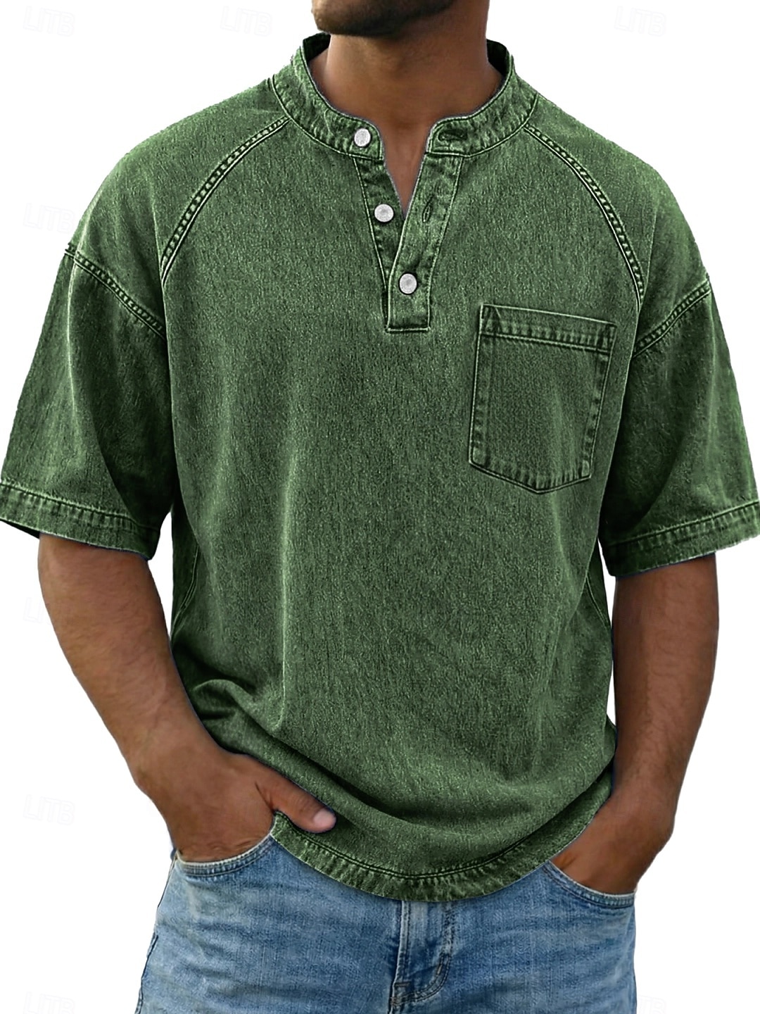 Bărbați Tricou Cămașă Demin Cămașă de spălat cu acid 100% bumbac Manșon scurt Guler de stand Henley Toamna iarna Primăvară Toamnă Simplu Epocă Șic Stradă Casual Buzunar Vopsit în haine Spălat Casual 2026 - $31.99 –P9