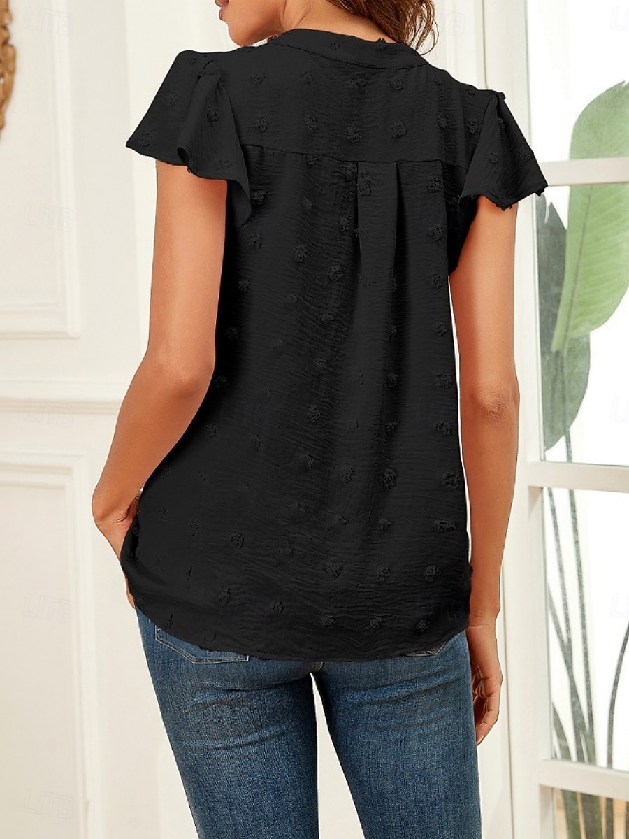Femmes Chemisier A Volants Couleur Unie Élégant Occasionnel Manche Courte Col en V Hauts Réguliers Quotidien Bleu Noir Blanche Rose Claire Fuchsia Été Printemps de 2026 ? $25.99 –P14