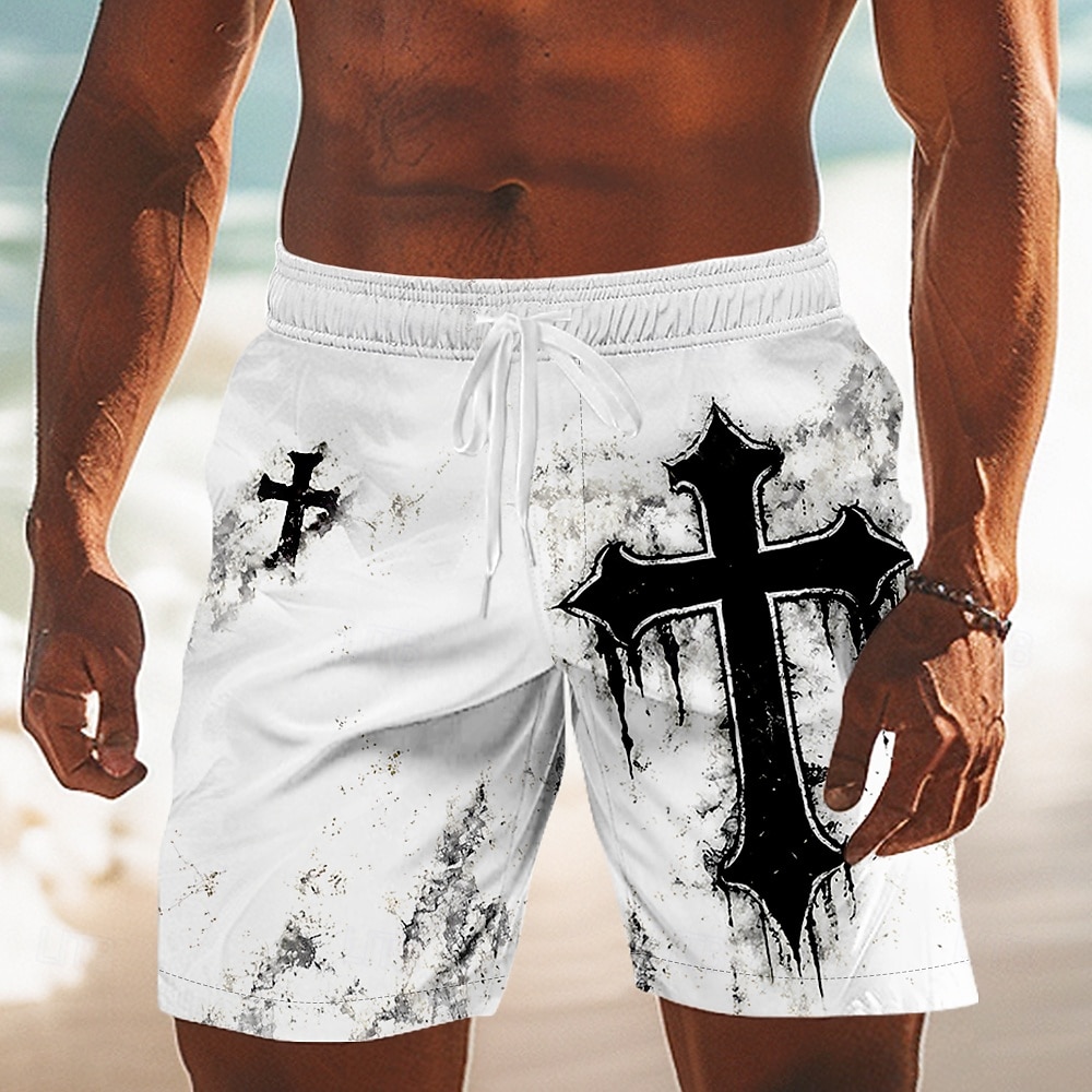 2026年 男性用 十字架 宗教 スイムトランク スイムショーツ ボードショーツ ミディアムウエスト レトリ／ヴィンテージ アウトドア バケーション 日常着 サイドポケット メッシュライニング 伸縮性のあるドローストリングウエスト デザイナー 衣類  コレクション – $20.99 –P1