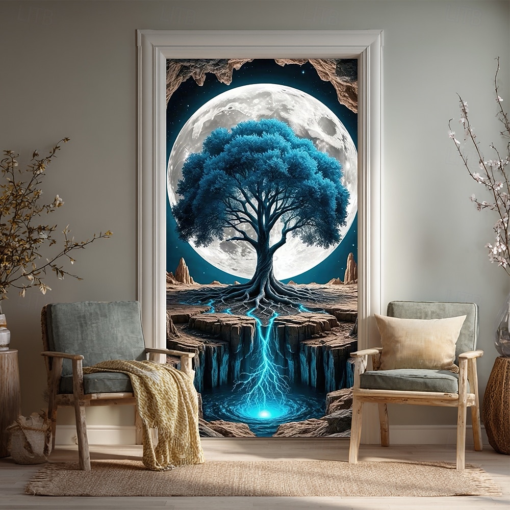 Árvore da vida, lua cheia gigante, raízes brilhantes, paisagem noturna mística, banner de porta, tapeçaria de parede, decoração para casa, decoração de porta de entrada, decoração de hall de entrada, de 2026 por $17.99 –P1