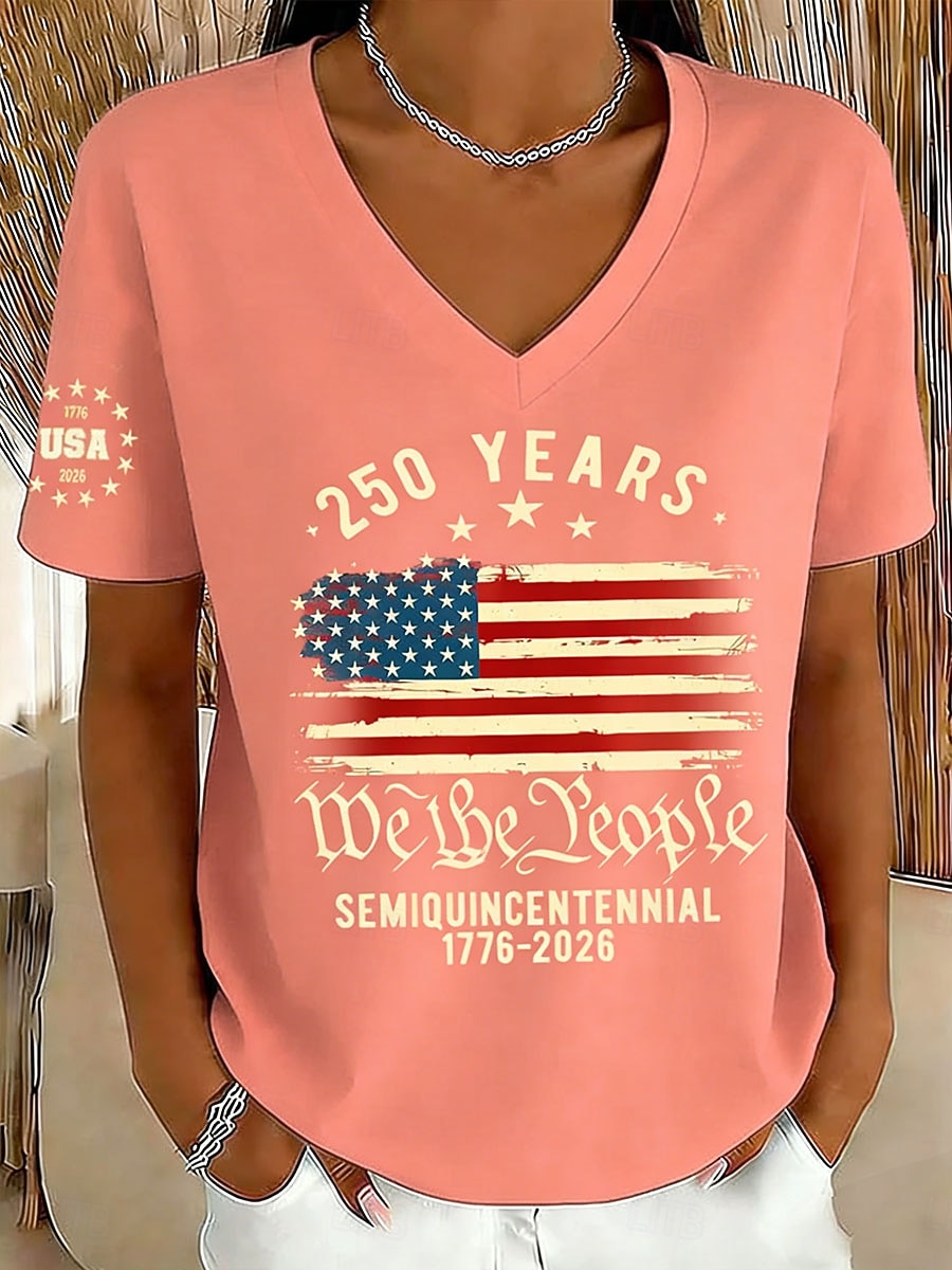 2026年 アメリカ独立記念日 女性用 Tシャツ プリント グラフィック フラッグ アメリカの国旗 ヴィンテージ スタイリッシュ クラシック 半袖 Ｖネック レギュラートップス 日常 ピンク ルビーレッド パープル カーキ色 夏 春  コレクション – $21.99 –P2