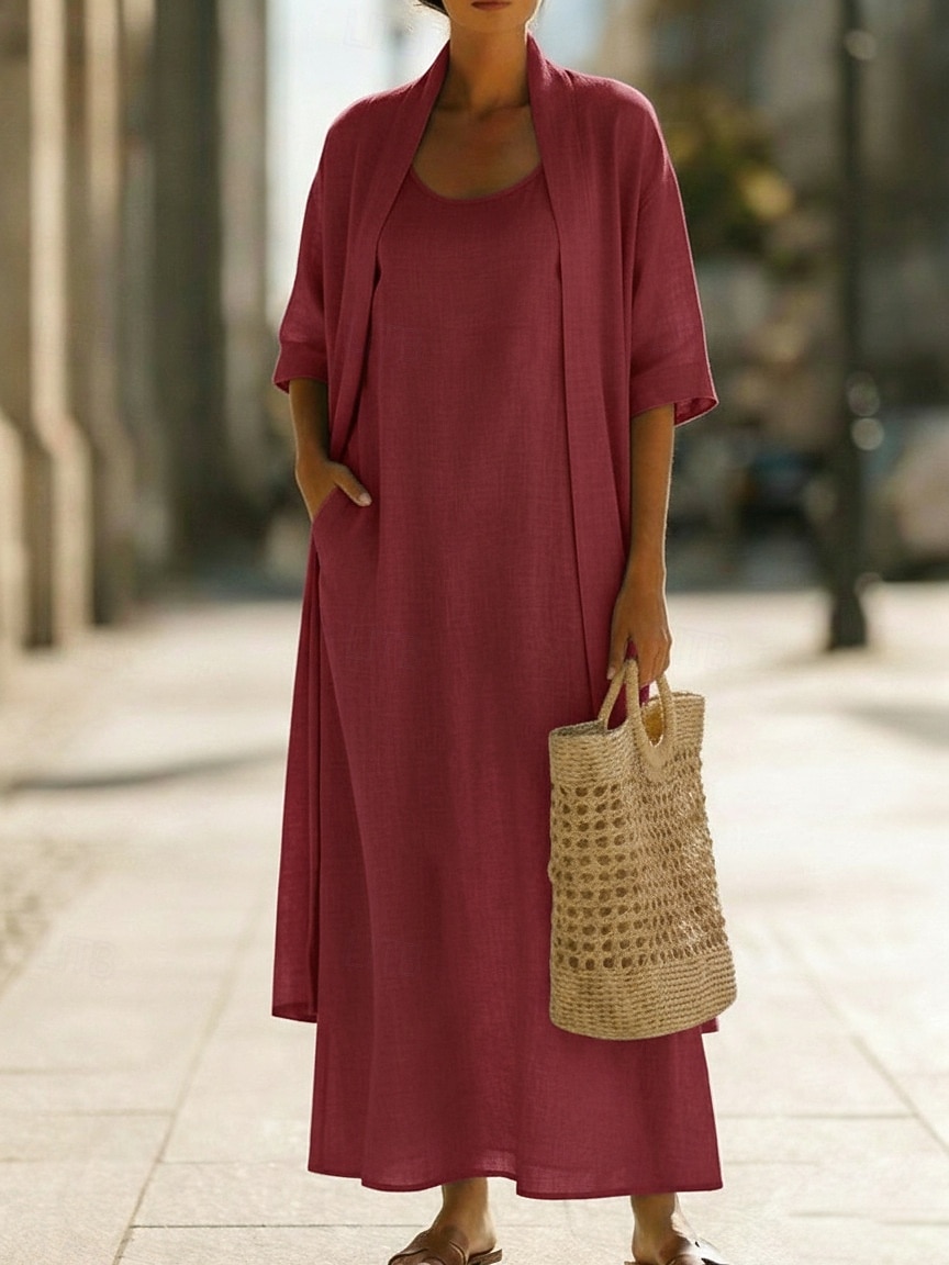 Women's Dress Set Shift Dress Elegant Plain Pocket Maxi Dress 3/4 Length Sleeve Crew Neck Daily Outdoor Blue White Pink Summer Spring Loose Fit 2026 - $51.99 –P7