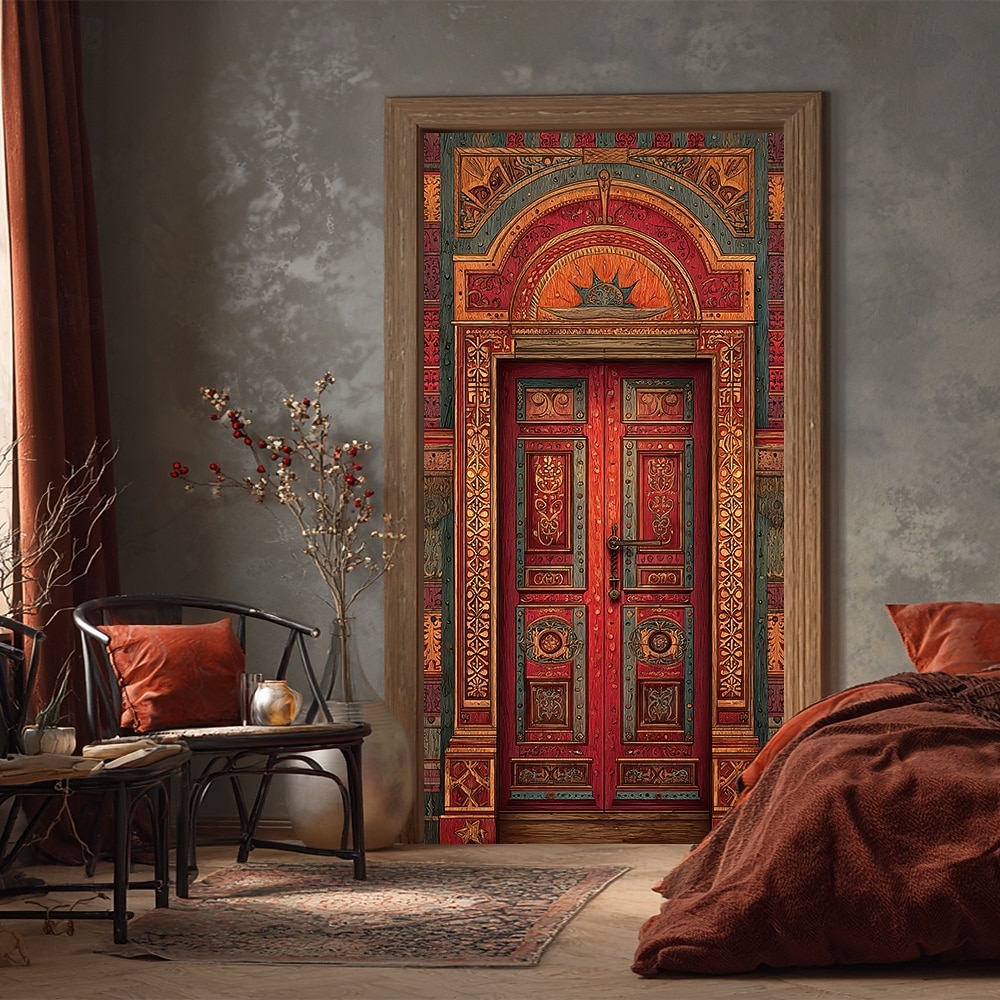 ősi arab piros fa ajtó díszes mór boltív bonyolult virágfaragás 3D realisztikus szövet ajtó banner borító otthoni belső szoba dekoráció bejárat party háttér 2026 - $17.99 –P4