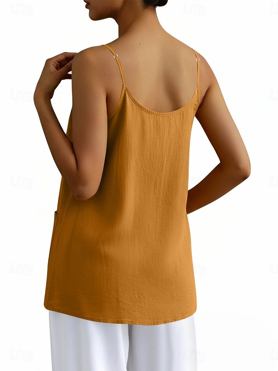 Regata feminina com bolso, lisa, moderna, elegante, clássica, sem mangas, gola redonda, ideal para uso diário, passeios e fins de semana. Cores: azul, preta, branca, amarela, rosa. Verão e primavera. de 2026 por $18.49 –P10