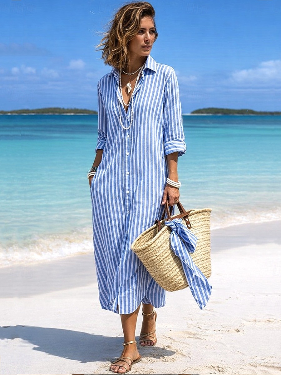Per donna Abito maxi Abito a Tubino Vestito Estivo Vacanza Casual All'aperto Uscire Vestibilità regolare A righe Manica Lunga Collo ripiegato Blu Rosa Rosso Caffè Estate Primavera Autunno del 2026 a $41.99 –P5