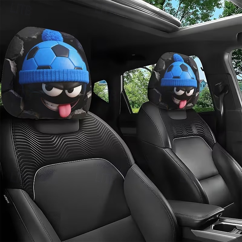 2 stuks grappige hoofdsteunhoezen met voetbalhoofd-uitdrukking voor in de auto, gemaakt van non-woven polyester, universele pasvorm, wasbaar, eenvoudig te installeren, perfect voor roadtrips of 2026 - $9.49 –P9