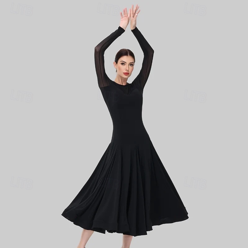 Ballroom Dance Dress Rhinestone Pleats Pure Color Women's Party Training Performance Long Sleeve High Spandex Polyester 2026 - $221.19 –P6