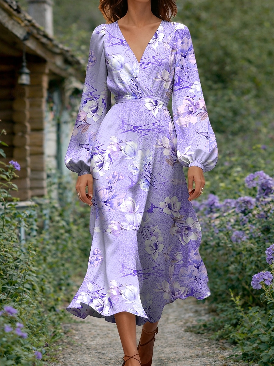 Mujer Vestido Midi Vestido ajustado y acampanado Casual Vestidos semi formales Oficina Cita Ajuste regular Floral Graphic Manga Larga Escote en Pico Azul Piscina Rosa Morado Verde Trébol Verano 2026 - $41.99 –P3