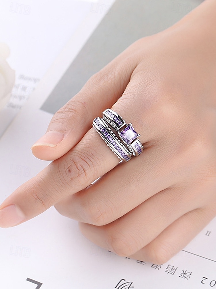 Juego de anillos para mujer, cobre con circonitas cúbicas, multicolor, elegantes anillos a juego para bodas, fiestas y eventos formales, joyería nupcial o de noche perfecta. 2026 - $11.99 –P2