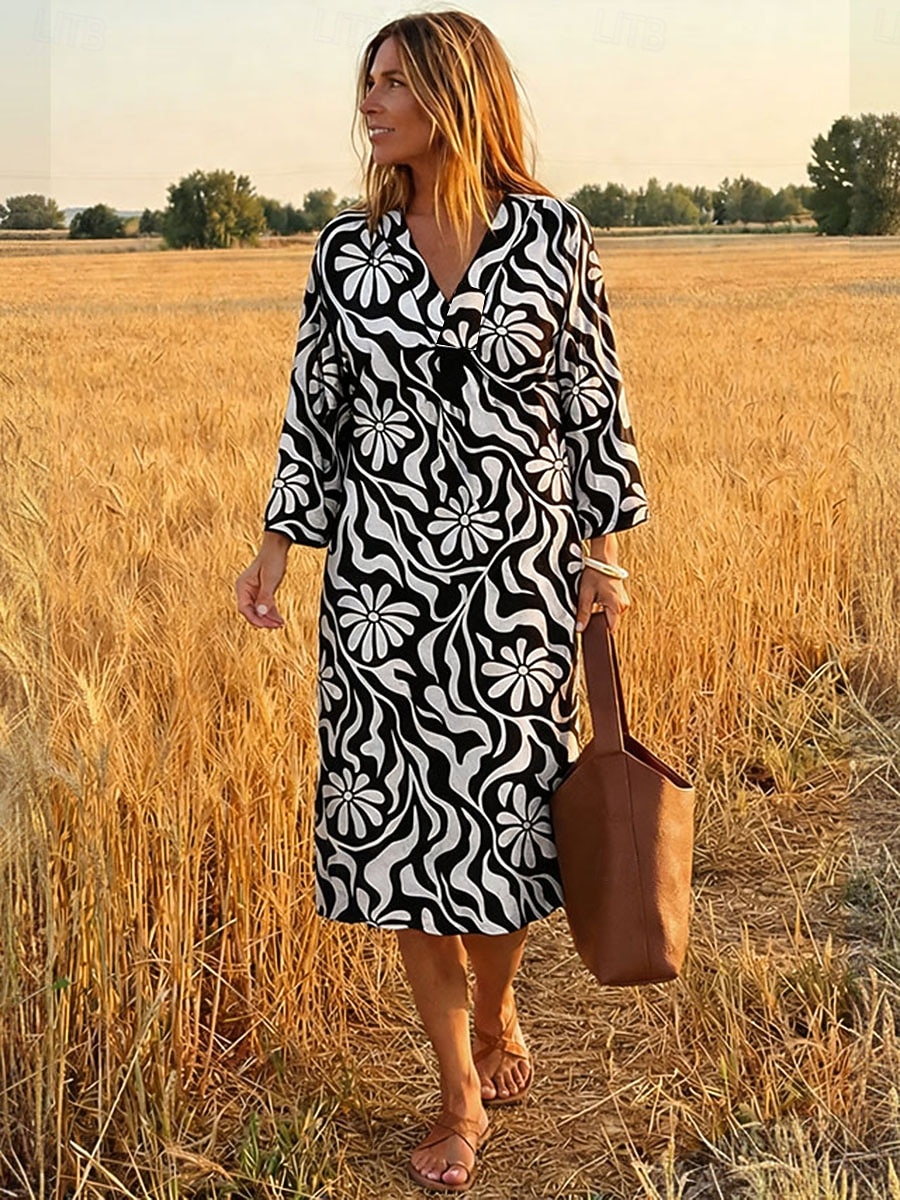 Women's Midi Dress Sundress A Line Dress Vacation Casual Boho Beach Party Loose Fit Graphic Abstract Long Sleeve V Neck Black Orange Green Summer Spring 2026 - $41.99 –P1