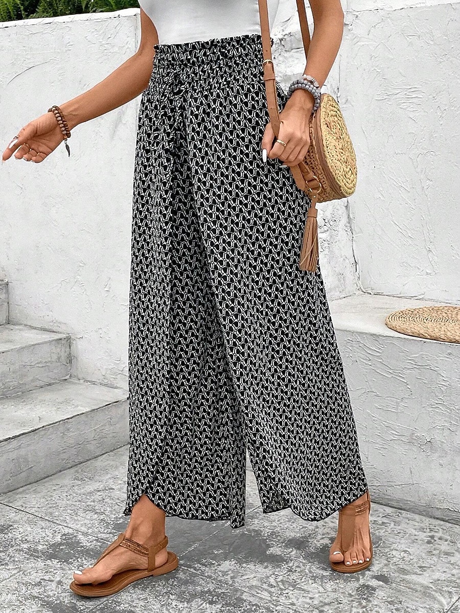 Women's Wide Leg Boho Pants Chinos Skort Vacation Streetwear Casual Ankle-Length Medium Waist Graphic Drawstring Printing Comfy Comfort Breathable Micro-elastic Daily Outdoor Vacation Black White 2026 - $26.99 –P2