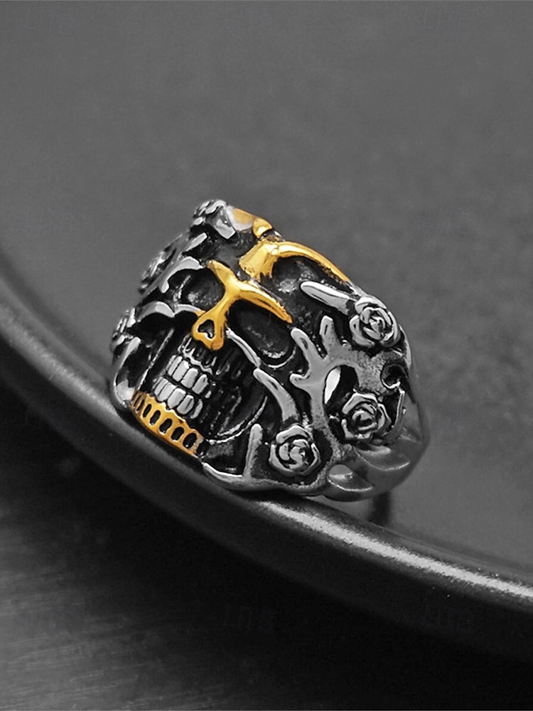2026年 メンズ ステンレススチール ゴシック スカル リング、マルチサイズ バイカー パンク ステートメント バンド、花柄ディテール、カジュアルウェア、旅行、休暇、ハロウィン スタイリングに最適な大胆なファッション ジュエリー  コレクション – $9.99 –P6