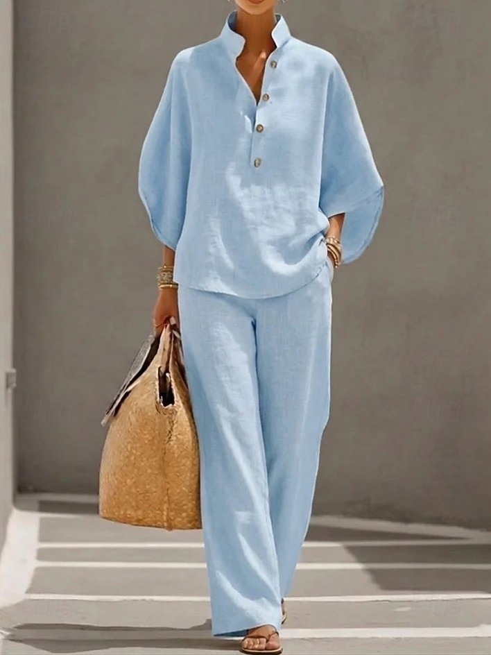 Mulheres Conjuntos de linho de algodão Manga 3/4 Colarinho Chinês Côr Sólida Diário Angustiado Casual Diário Preto Amarelo Vinho Verão Ajuste Largo de 2026 por $41.99 –P3