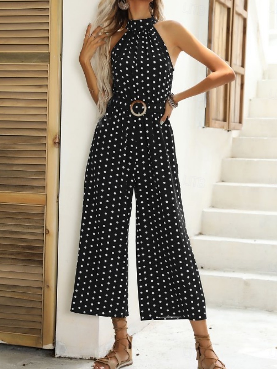 Mujer Normal Mono Activo A Lunares Sin Mangas Perneras anchas Cuello halter Bolsillo Estampado Diario Vacaciones Holgado Negro Vino Azul Marino Verano 2026 - $42.99 –P4