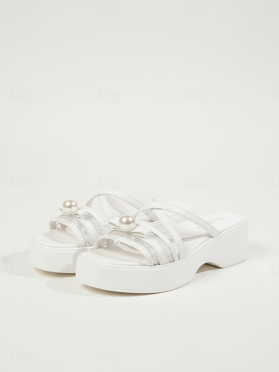 hvite platåsandaler til dame – elegante slip-ins med kryssende stropper og perledetaljer &blondedetaljer for cruiseferier, kvelder om bord &sommerferiesteder 2026 - $29.99 –P3