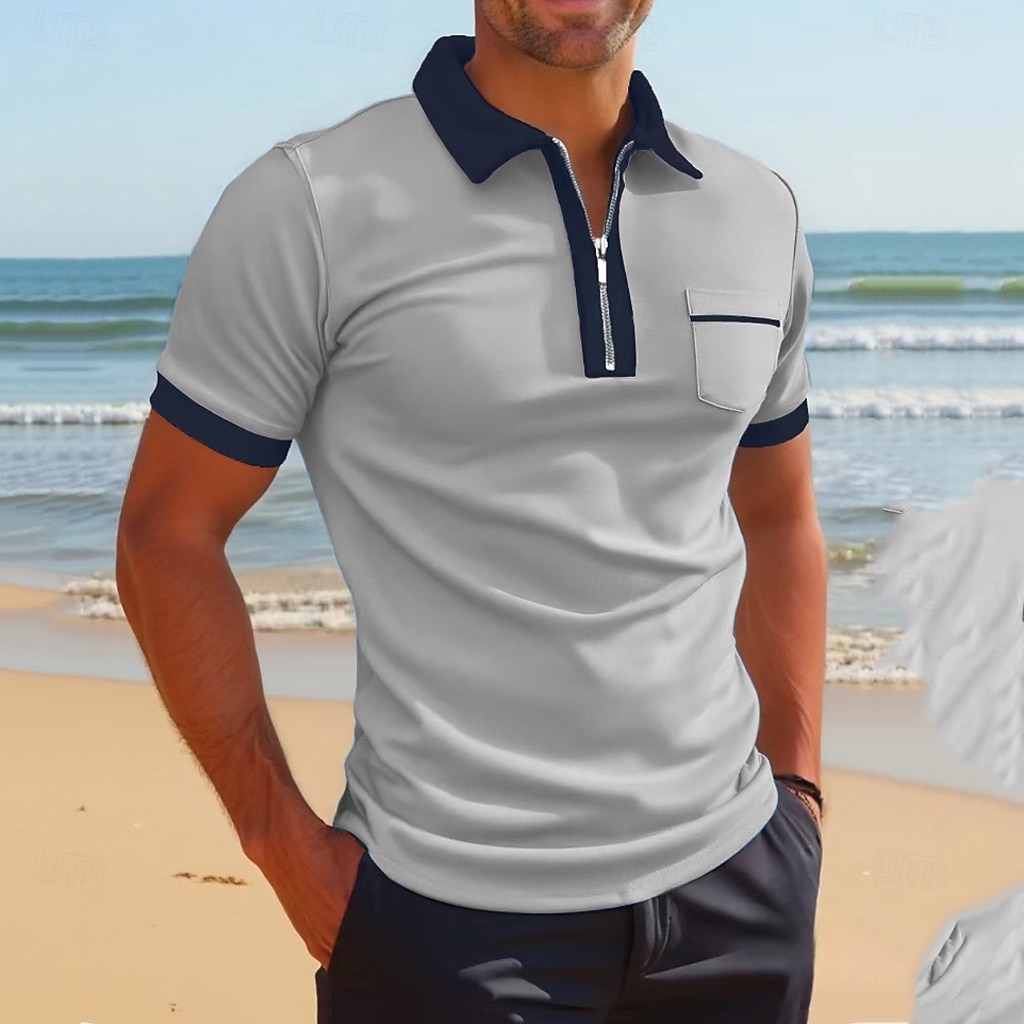 Herr Polo Pikétröjor Dagligen Utomhus Tröjkrage Fjärdedels blixtlås Kortärmad Mode Bekväm Slät Lappverk Dragkedja Sommar Skräddarsydd passform Vin Fördjupad grön Svart Vit Gul Marinblå Polo 2026 - $17.99 –P8
