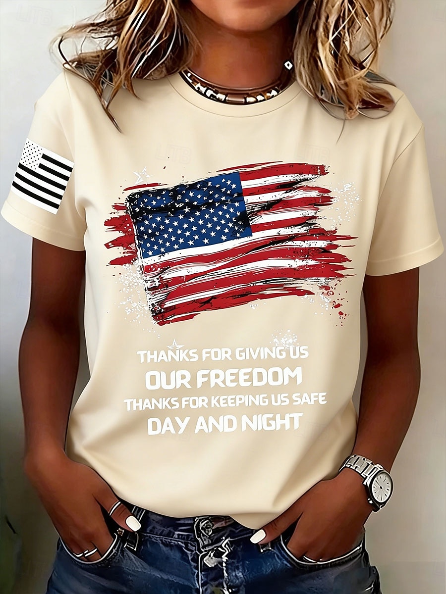 День независимости США Жен. Футболка С принтом Графика Флаг Буквы Винтаж Стиль Классика С короткими рукавами Вырез под горло Обычные топы Повседневные Синий Черный Красный Зеленый Бежевый Лето Весна 2026 - $22.99 –P5