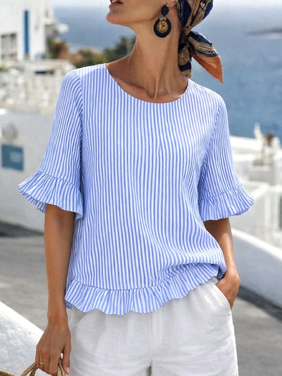 Damen Bluse Rüsche Druck Gestreift Stilvoll Lässig Dreiviertelarm Rundhalsausschnitt Normale Oberteile Täglich Blau Sommer Frühling Herbst 2026 - $19.99 –P1