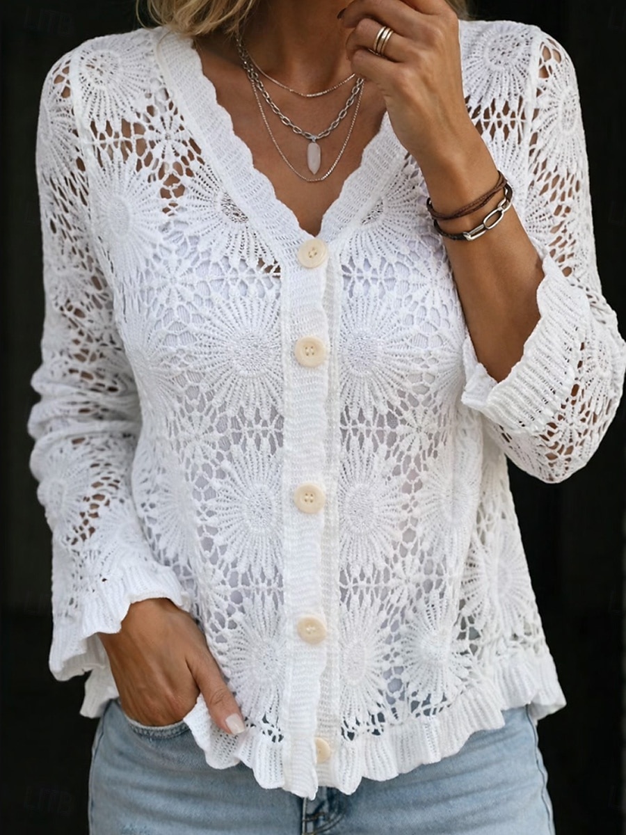 Pentru femei Cămașă din dantelă Bluză Dantelă Nasturi Culoare solidă Elegant Stilat Casual Manșon Lung În V Topuri obișnuite Zilnic Negru Alb Bej Vară Primăvară Toamnă 2026 - $35.99 –P2