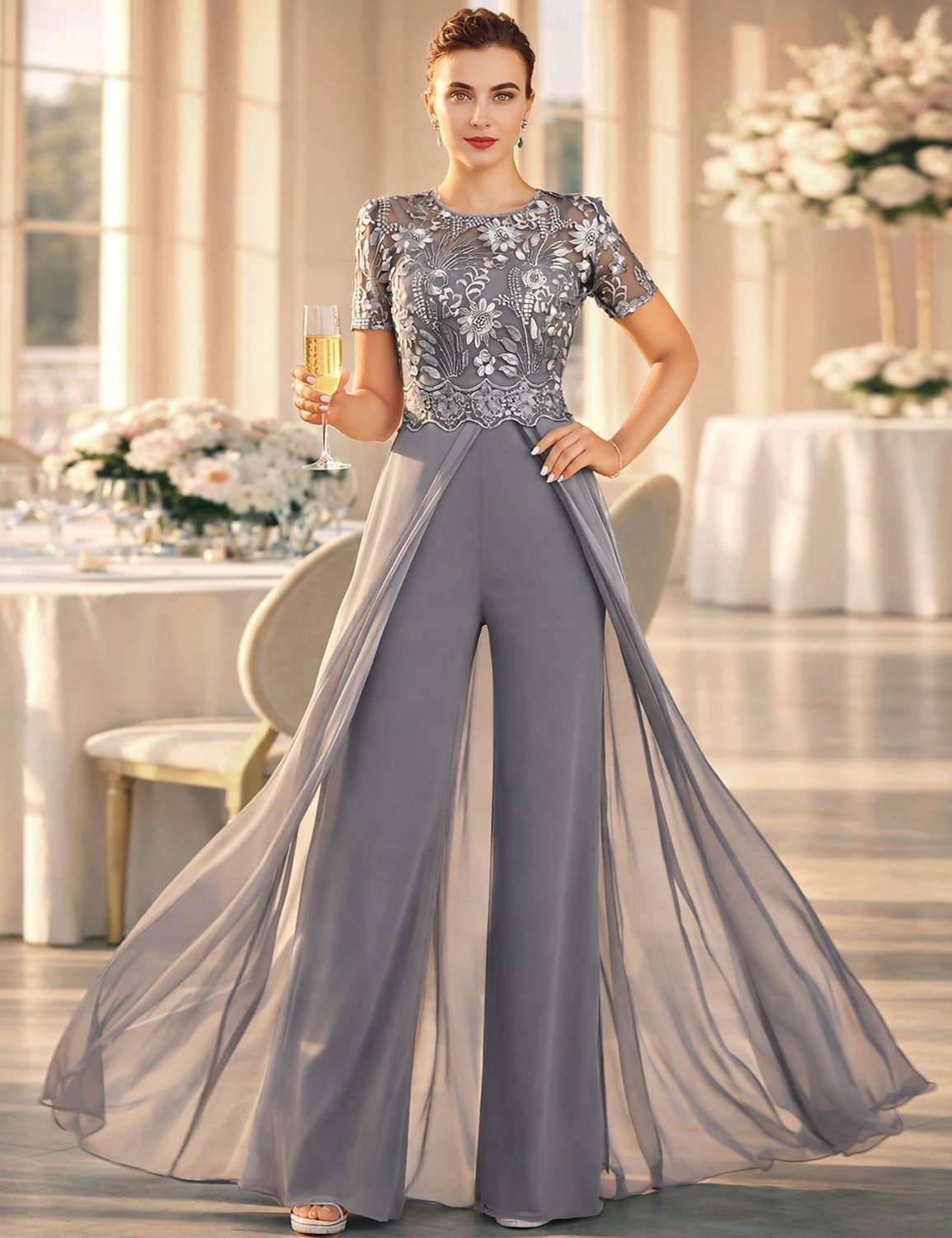 Παντελόνι Μέχρι τον αστράγαλο Φόρεμα Μητέρας της Νύφης Κοντομάνικο Με Κόσμημα Κομψό Επισκέπτης γάμου Επίσημο Βραδινό Stretch σιφόν με Δαντέλα Πλισέ 2026 - $206.99 –P1