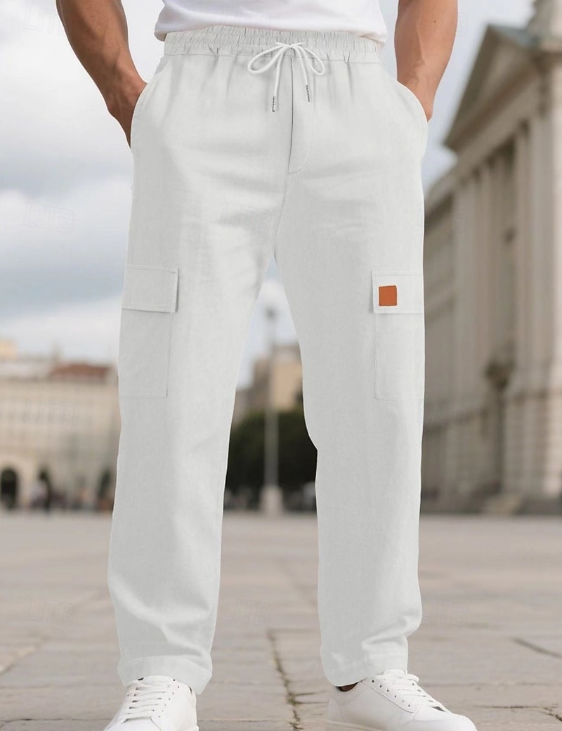 Men's Linen Pants Trousers Summer Pants Beach Pants Drawstring Elastic Waist Solid Color Comfort Breathable Full Length Daily Outdoor Beach Vacation Fashion Black White Inelastic 2026 - $22.99 –P12