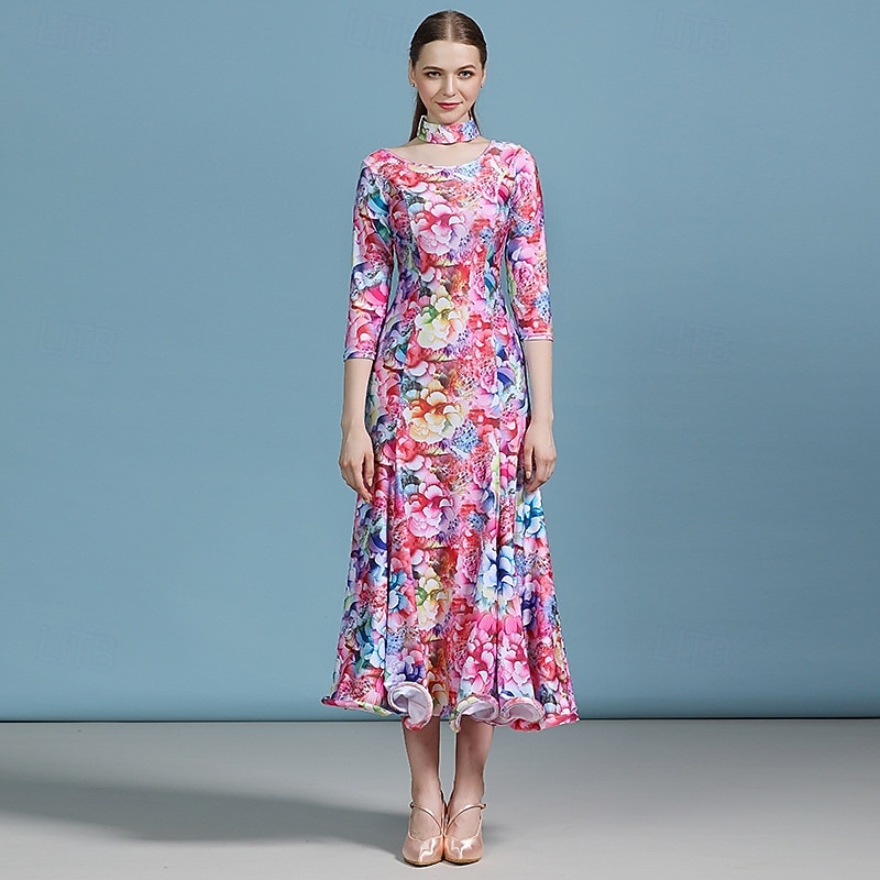 Ballroom Dance Dress Floral Print Pleats Women's Party Training Performance 3/4 Length Sleeve High Elastane 2026 - $119.99 –P1
