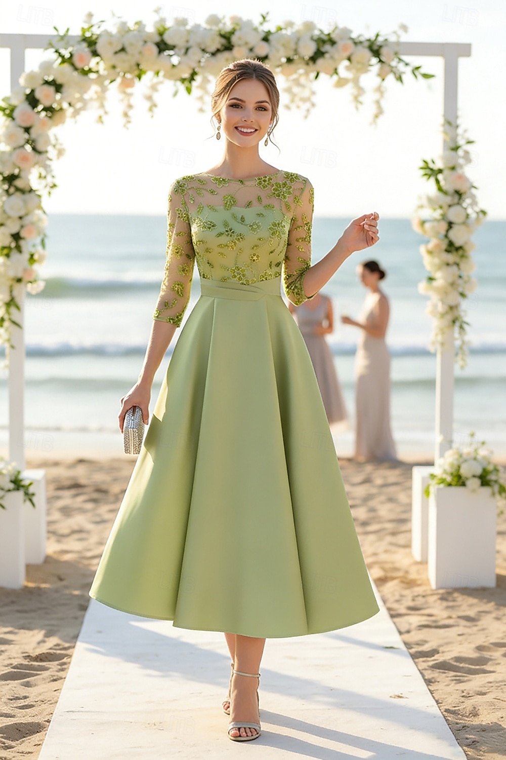 Linea ad A Lunghezza Tè Perline ricamate Abito Formale Abito da madre della sposa Abiti da Cocktail Abiti per invitati a matrimoni Elegante Pastello Manica 3/4 Scollo a Barca Formale Cocktail party del 2026 a $197.99 –P1