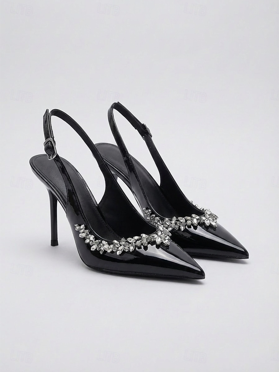 Women's Chic Black Patent Pointed Toe Slingback Pumps -  Stiletto Heels with Crystal Embellishments for Daily Office, Business Casual & Elegant Evening Outings 2026 - $34.99 –P3