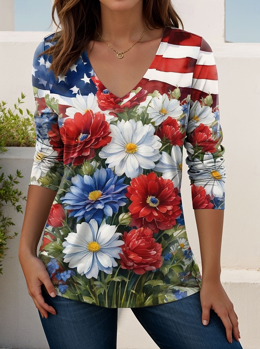 Giorno dell'Indipendenza Americana Per donna Maglietta Stampato Grafico Bandiera Americana Vintage Elegante Classico Manica Lunga Scollo a V Top Regolari Quotidiano Weekend Nero Bianco Rosso Blu del 2026 a $24.99 –P3