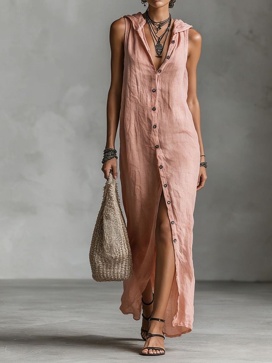 Women's Maxi Dress Linen-feel Dresses Shirt Dress Casual Dress Cotton Linen Dress Elegant Fashion Modern Outdoor Vacation Going out Regular Fit Plain Sleeveless Hooded Black Dusty Rose Navy Blue 2026 - $39.99 –P2