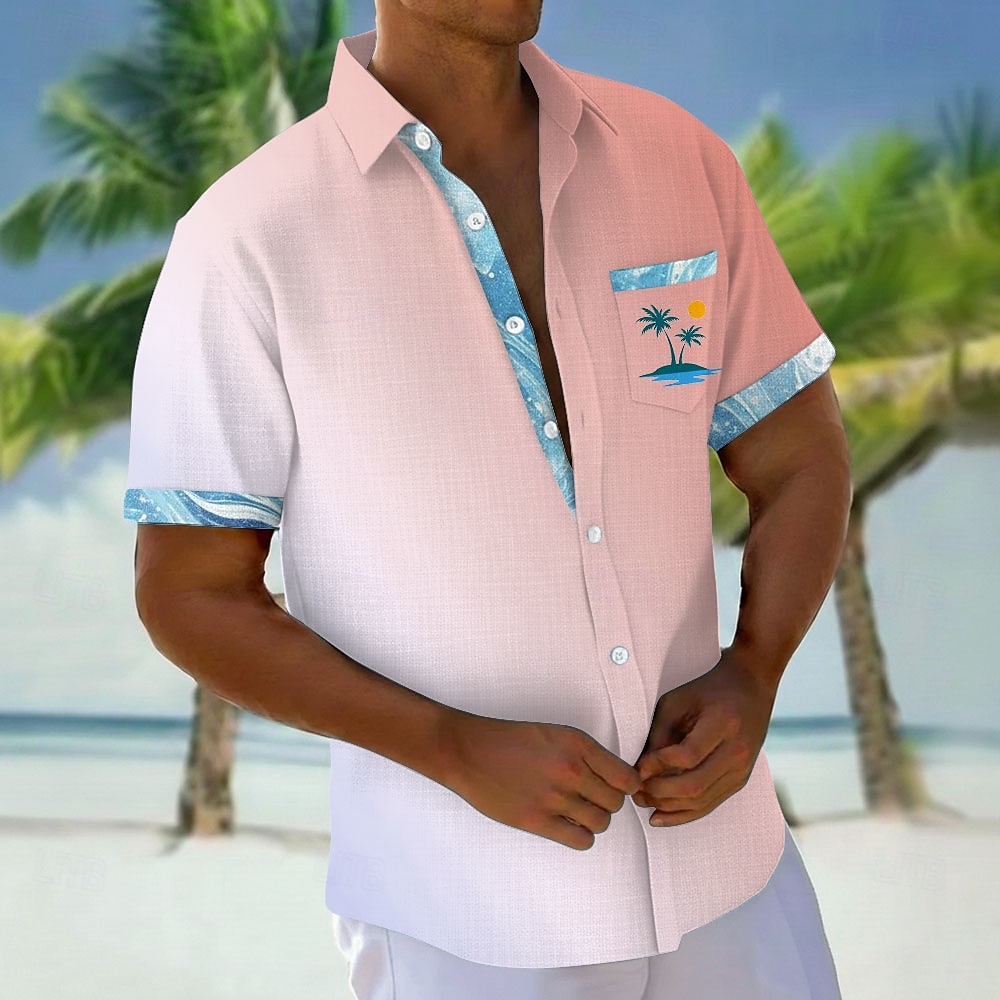 Men's Coconut Tree Gradient Color Tropical Plants Shirt Hawaiian Shirt Aloha Shirt Short Sleeve Hawaiian Vacation Holiday Summer Turndown 3D Print Front One Pocket Linen Like Shirt Blue Yellow Pink 2026 - $25.99 –P4