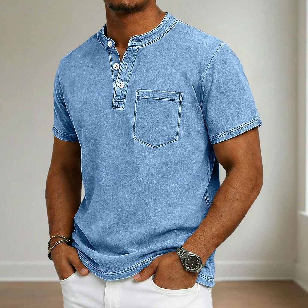 Per uomo Maglietta Maglia Henley Camicia 100% cotone lavaggio acido Manica Corta Collo alla coreana Henley Estate Primavera Autunno Semplice Vintage Streetwear Casual Lavato Manica corta Casuale Casa del 2026 a $31.99 –P1