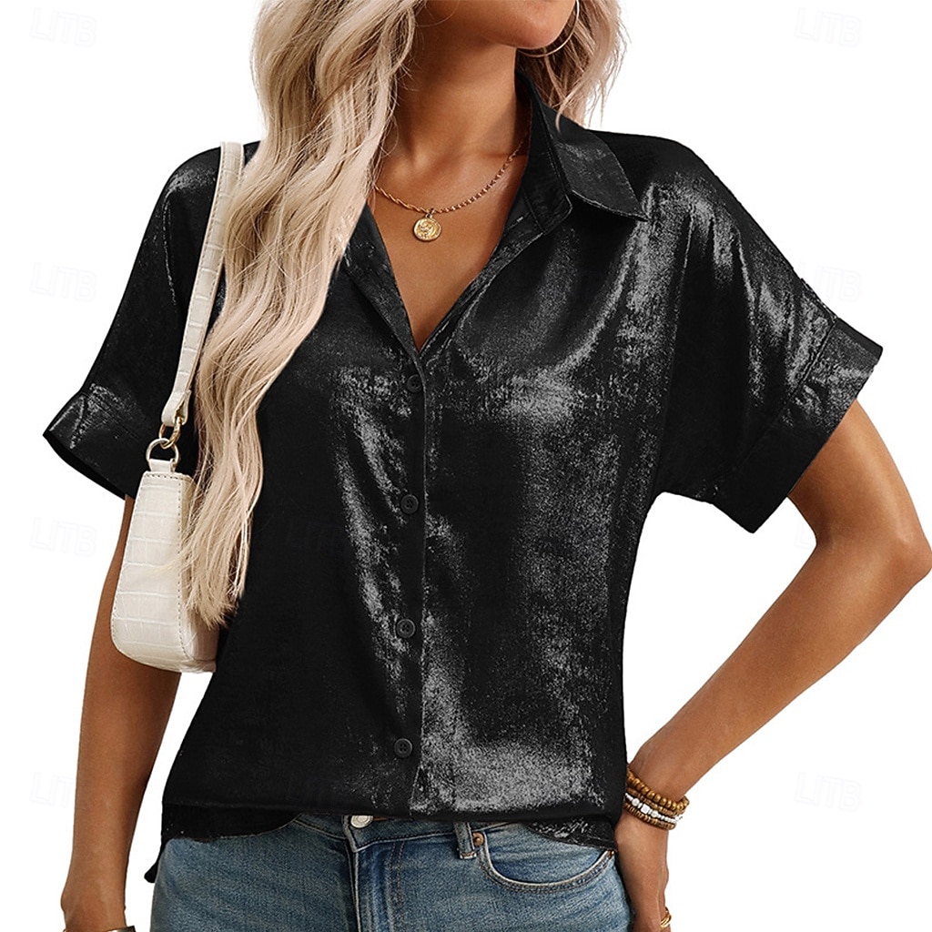 Pentru femei Cămașă Cămașă de Costum Camașă cu nasturi Bluză Nasturi Culoare solidă Elegant Modă Zilnic Manșon scurt Răsfrânt Topuri obișnuite În aer liber Haine de strada Muncă Roz auriu Verde 2026 - $31.99 –P6