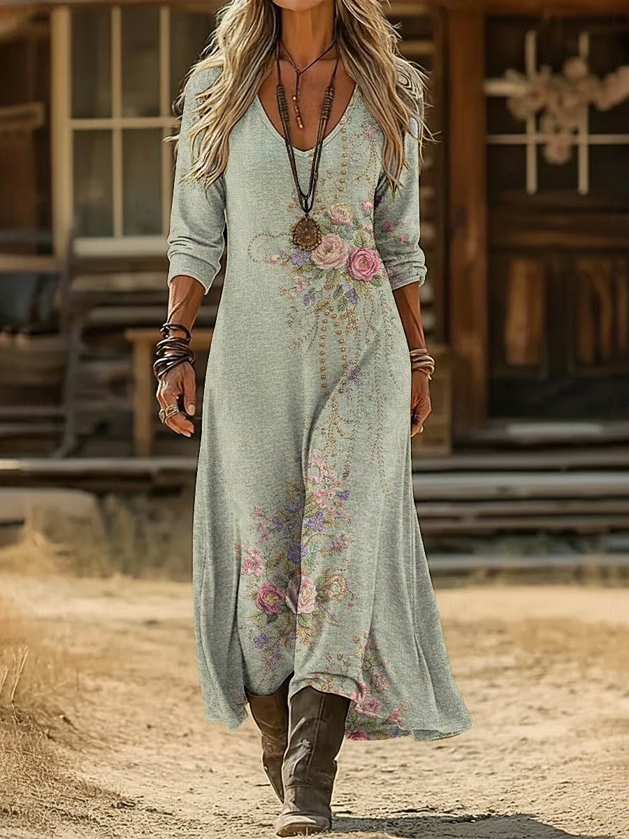 Dam Maxiklänning Boho-klänning Vintage klänning Vardagsklänning Vintage Dagligen Utomhus Semester Lös passning Blommig Långärmad V-hals Blå Marinblå Purpur Grön Vår Höst 2026 - $16.99 –P7