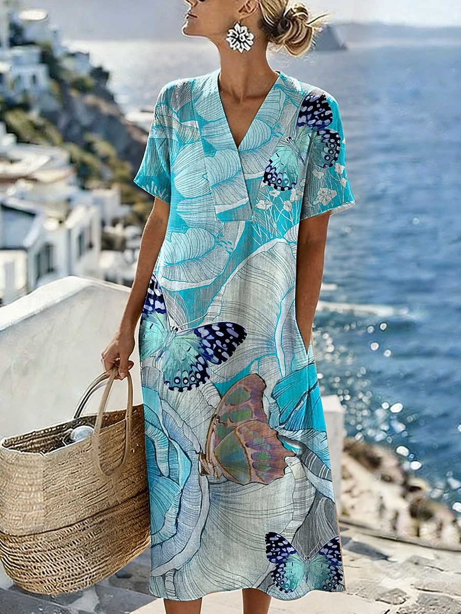 Women's Midi Dress Sundress Casual Dress Vacation Casual Beach Beach Party Loose Fit Graphic Leaf Geometric Short Sleeve V Neck Blue Yellow Purple Green Summer Spring 2026 - $39.99 –P4
