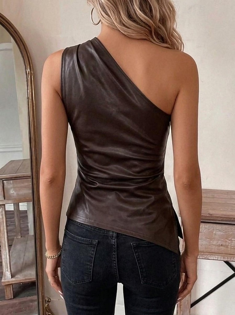 Női Slim fit felső Műbőr top Fodrozott Cipzár Tunika Elegáns Szüret Stílusos Ujjatlan Aszimmetrikus Félvállas Normál felsők Napi Alkalmi Hétvége Sötétbarna Fekete Nyár Tavasz 2026 - $21.99 –P2