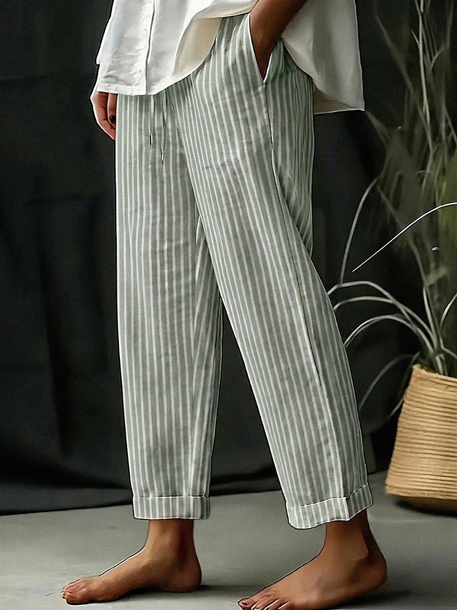 Mulheres Calças de linho de algodão Calça verão Calças de praia Clássico Casual Longas Cintura Alta Listra Bolsos Estampado Design de cordão elástico Respirabilidade Macio Micro-Elástica Férias Rua de 2026 por $23.99 –P5