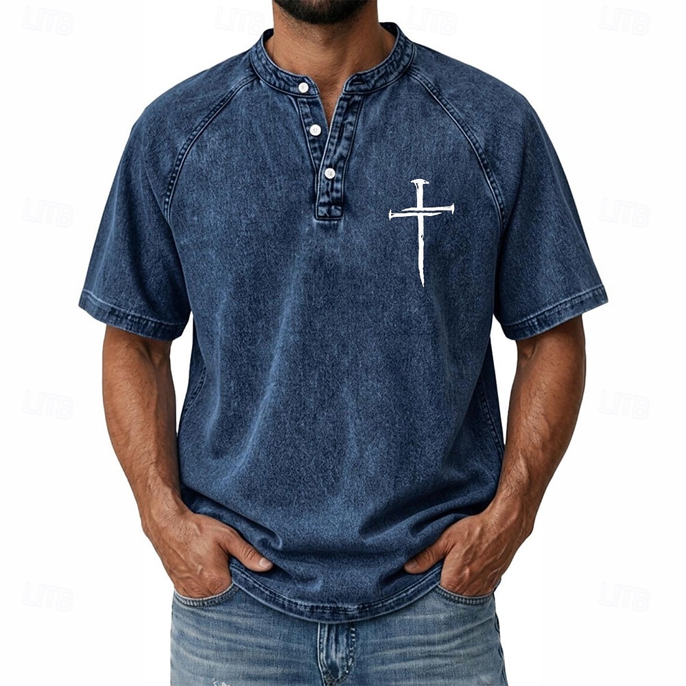 Herren Kreuz Jeans hemden Hemd aus 100 % Baumwolle in Säurewaschung Henley Oberteil Kurzarm Vintage Lässig Betrübt Lässig Heim Straße Frühling & Sommer Herbst Winter Sommer Schwarz Rosa Leicht Grün 2026 - $31.99 –P9