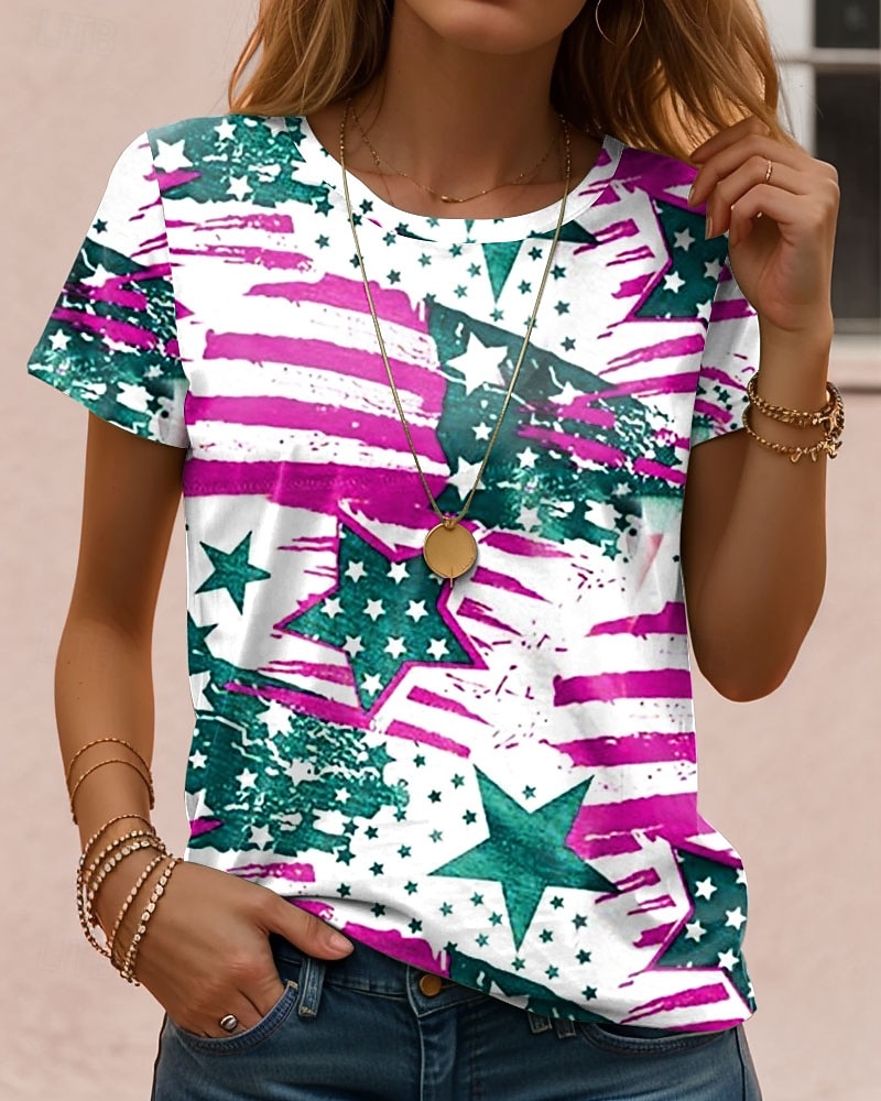 Amerikanischer Unabhängigkeitstag Damen T Shirt Druck Grafik Stern Vintage Stilvoll Klassisch Kurzarm Rundhalsausschnitt Normale Oberteile Täglich Rote Purpur Orange Grün Sommer Frühling 2026 - $22.99 –P2