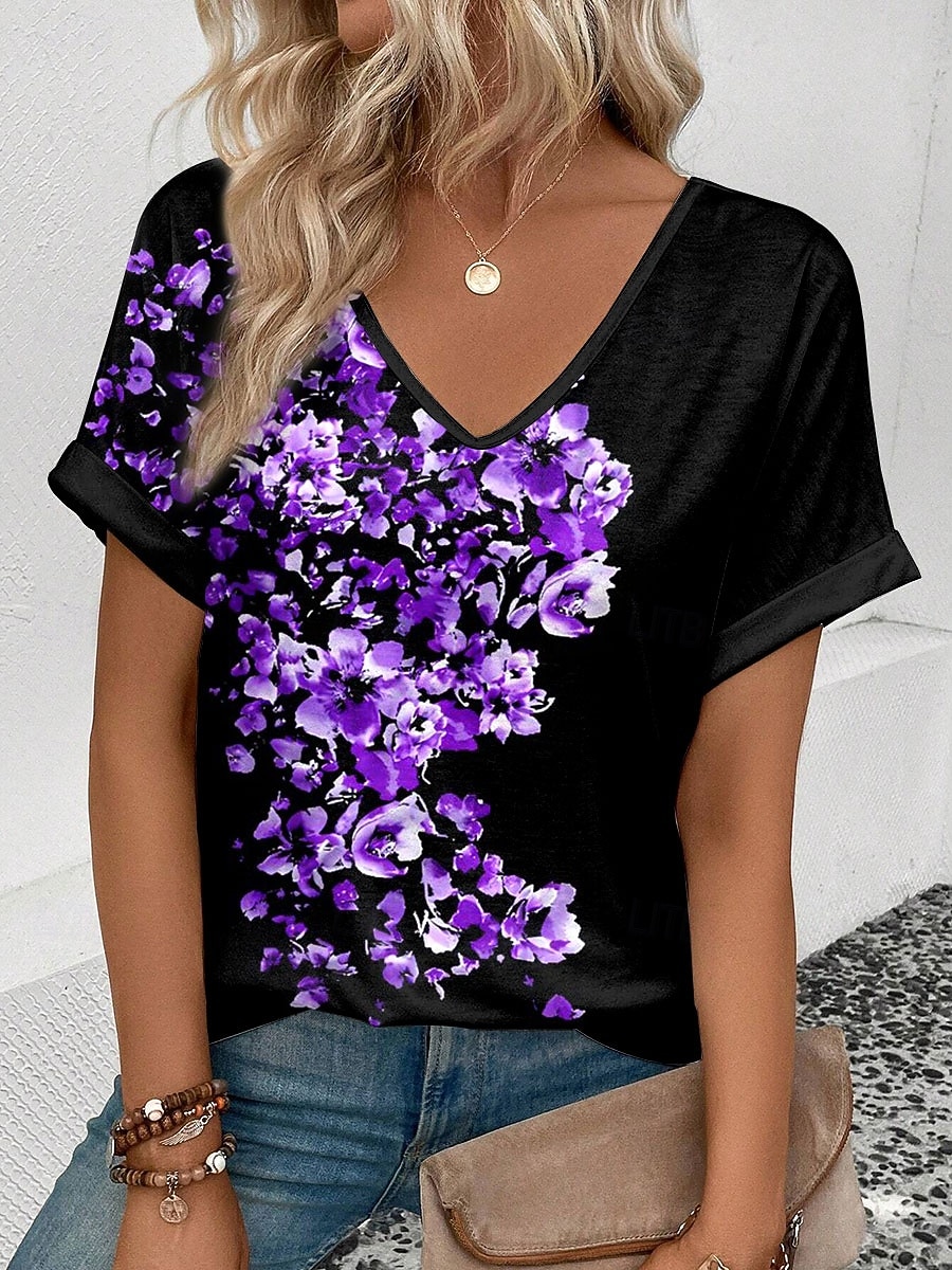 Mujer Camiseta Estampado Floral Graphic Vintage Elegante Clásico Manga Corta Escote en Pico Tops regulares Diario Fin de semana Ropa de vacaciones Azul Piscina Rojo Morado Verde Trébol Verano 2026 - $21.99 –P1