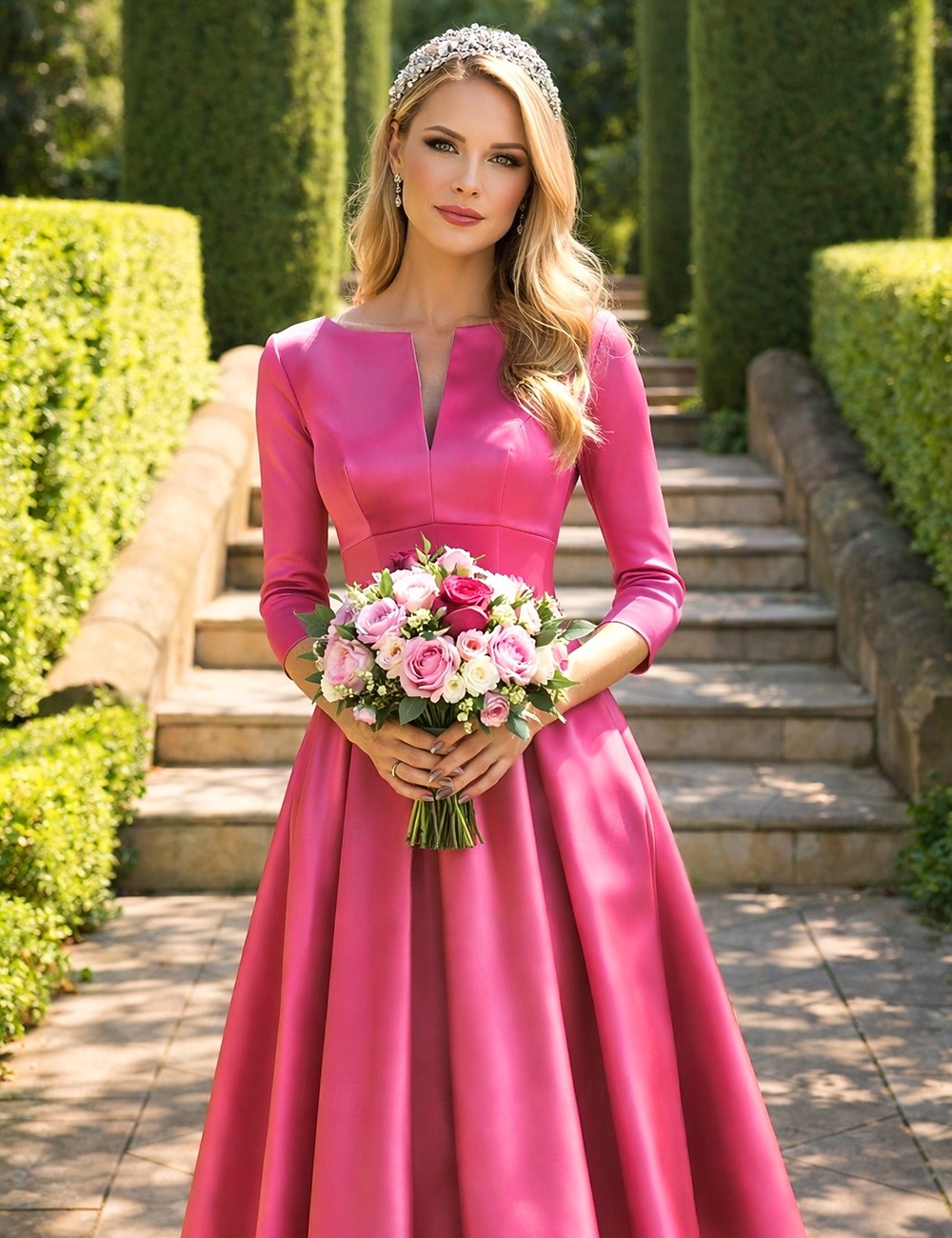 A-Linie Tee-Länge Cocktailkleider Partykleider Elegant Minimalistisch Dreiviertelarm Juwelenhals Hochzeitsgast Partykleidung Herbsthochzeitsgast Satin mit Falten 2026 - $137.99 –P3