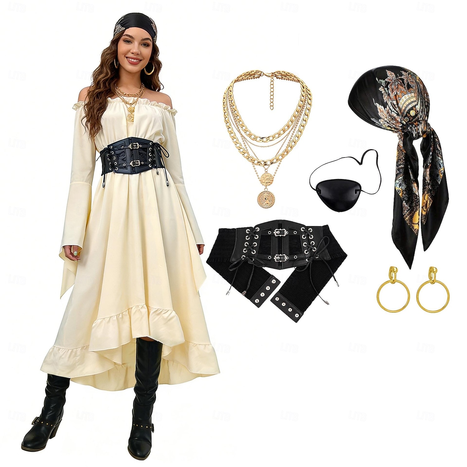 Set Medieval Renaissance Dress Headpiece Necklace with Accessories Long Sleeves Pirate Fancy Dress Women's Pirate Halloween Carnival Masquerade Renaissance Fair Retro Theme Party Adults' Dress More 2026 - $54.99 –P1