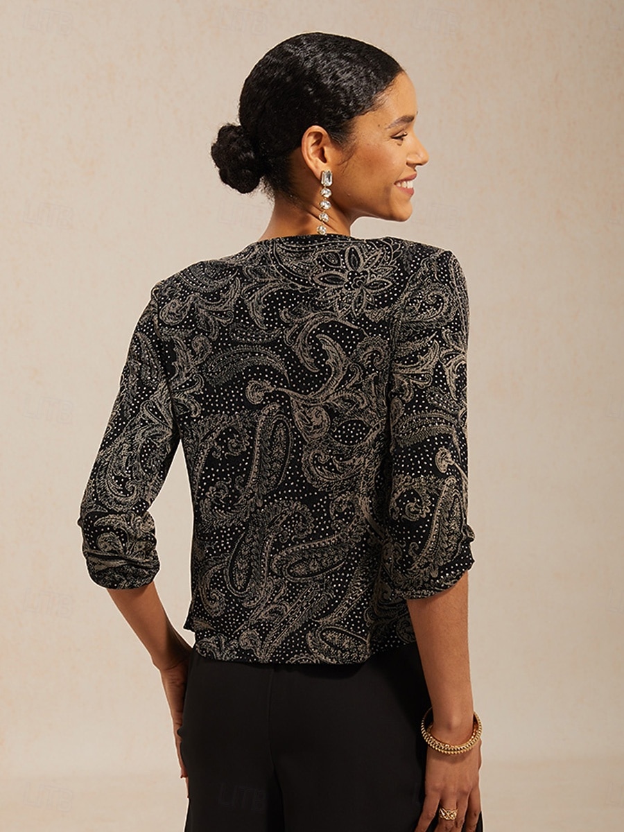 Damskie Koszula Boho Bluzka Eleganckie topy Błyszczący W Tureckie Wzory Elegancja Elegancki Rękaw 3/4 Półgolf Zwykłe topy Codzienny Praca Gość weselny Czarny Lato Wiosna Jesień 2026 - $135.99 –P2